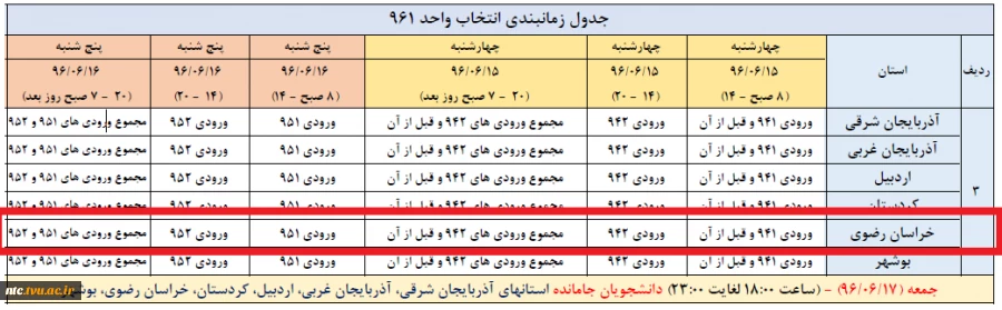 جدول زمانبندی انتخاب واحد 961 2